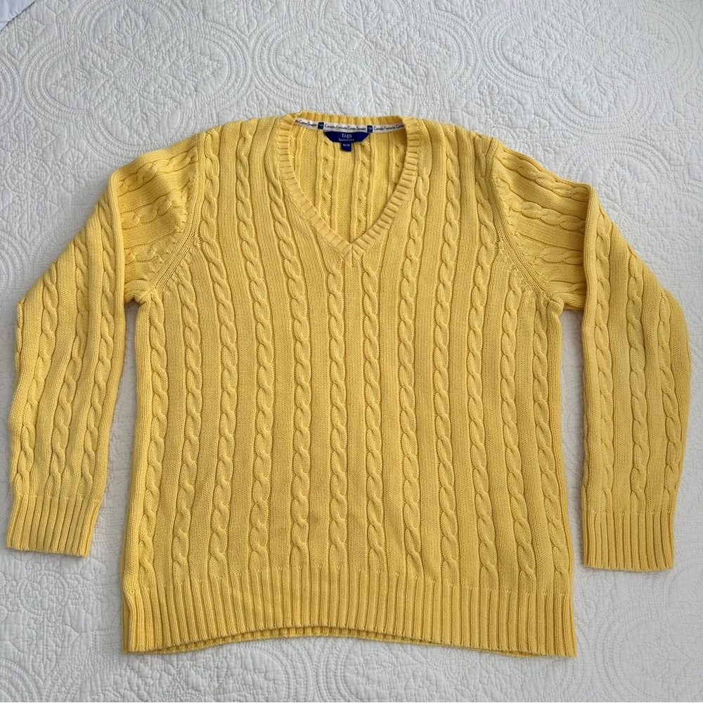 Yellow Cable Knit V-Neck Sweater - American Vintage